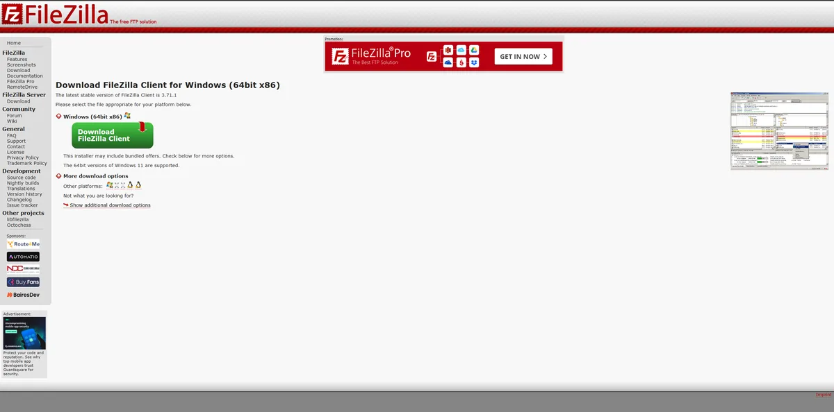 หน้าดาวน์โหลดเว็บทางการ filezilla-project.org ที่มีปุ่มดาวน์โหลด FileZilla Client