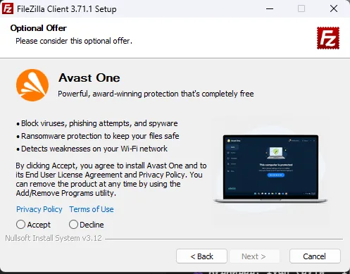 หน้าจอตัวติดตั้ง FileZilla ที่เสนอโปรแกรมพ่วง ให้กดปฏิเสธ