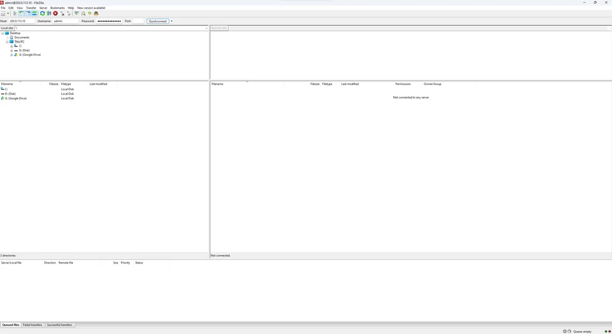 หน้าต่าง Site Manager ของ FileZilla กรอกข้อมูลการเชื่อมต่อครบทุกช่อง