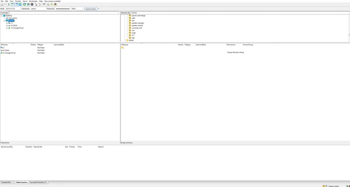แท็บ Failed transfers ด้านล่างหน้าต่าง FileZilla