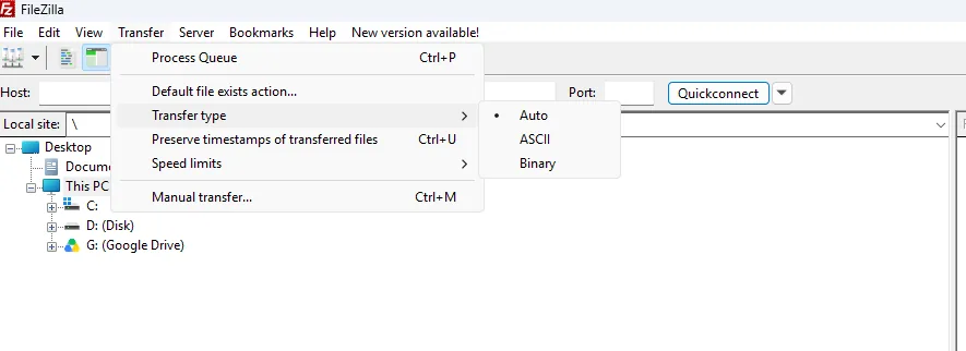 เมนู Transfer เลือก Transfer type เป็น Binary ใน FileZilla